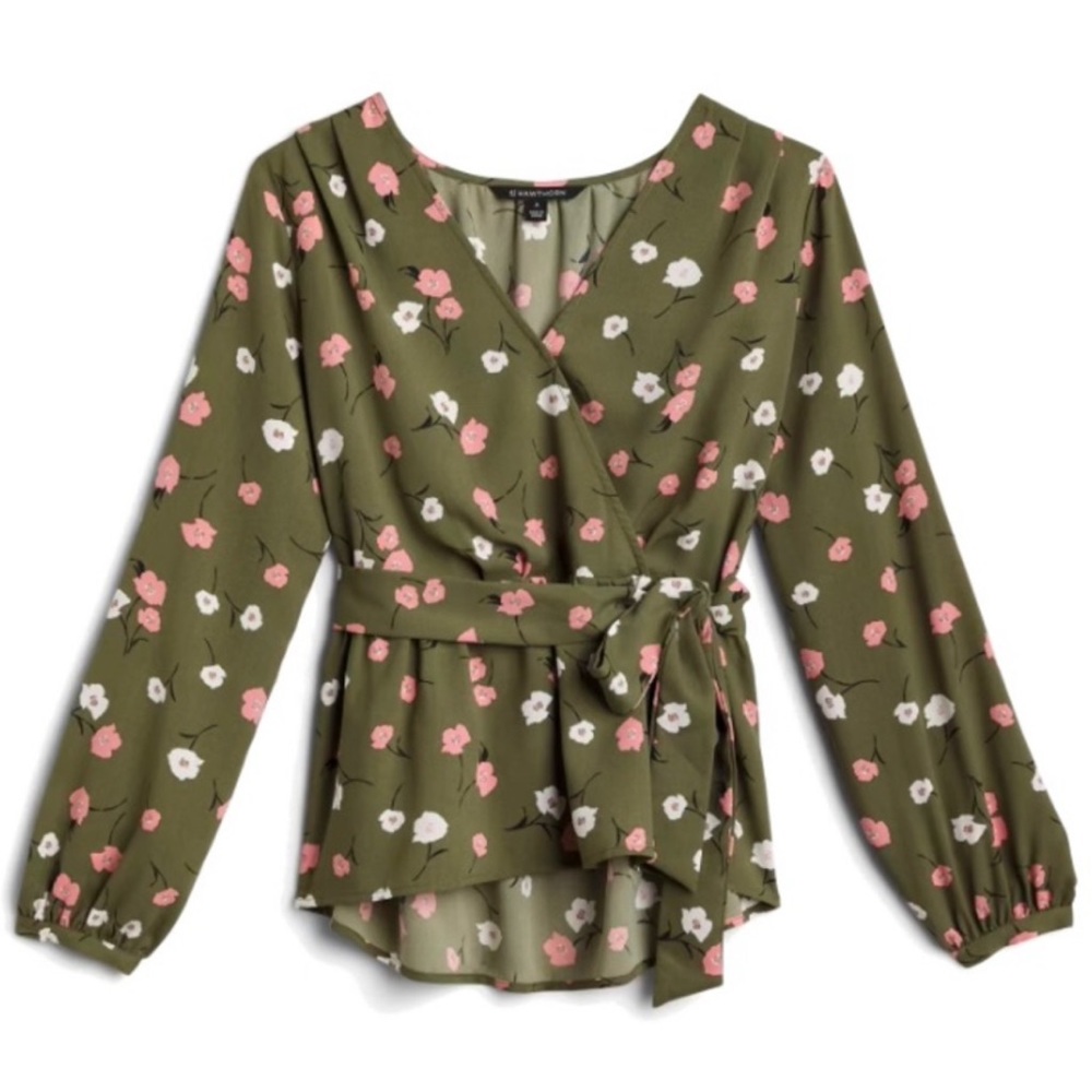 41 Hawthorn Faux Wrap Tie Waist Blouse Green Olive Pink White Poppy Print SZ XL